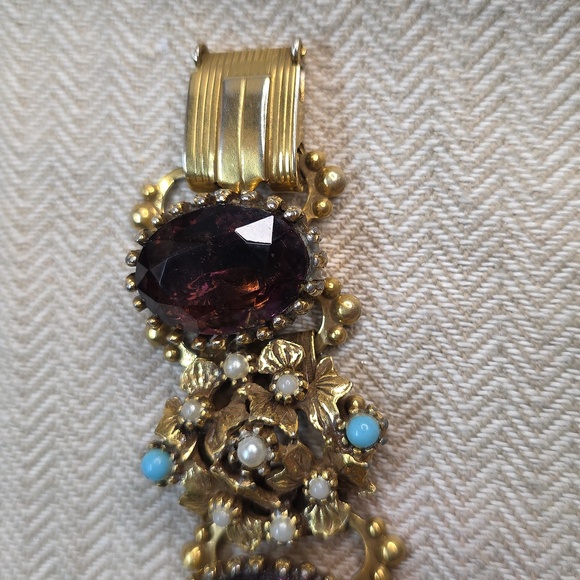 Vintage Purple Glass Chunky Book Chain Bracelet, Gold toned, 1950's 1960's SZ 7 - Picture 9 of 9